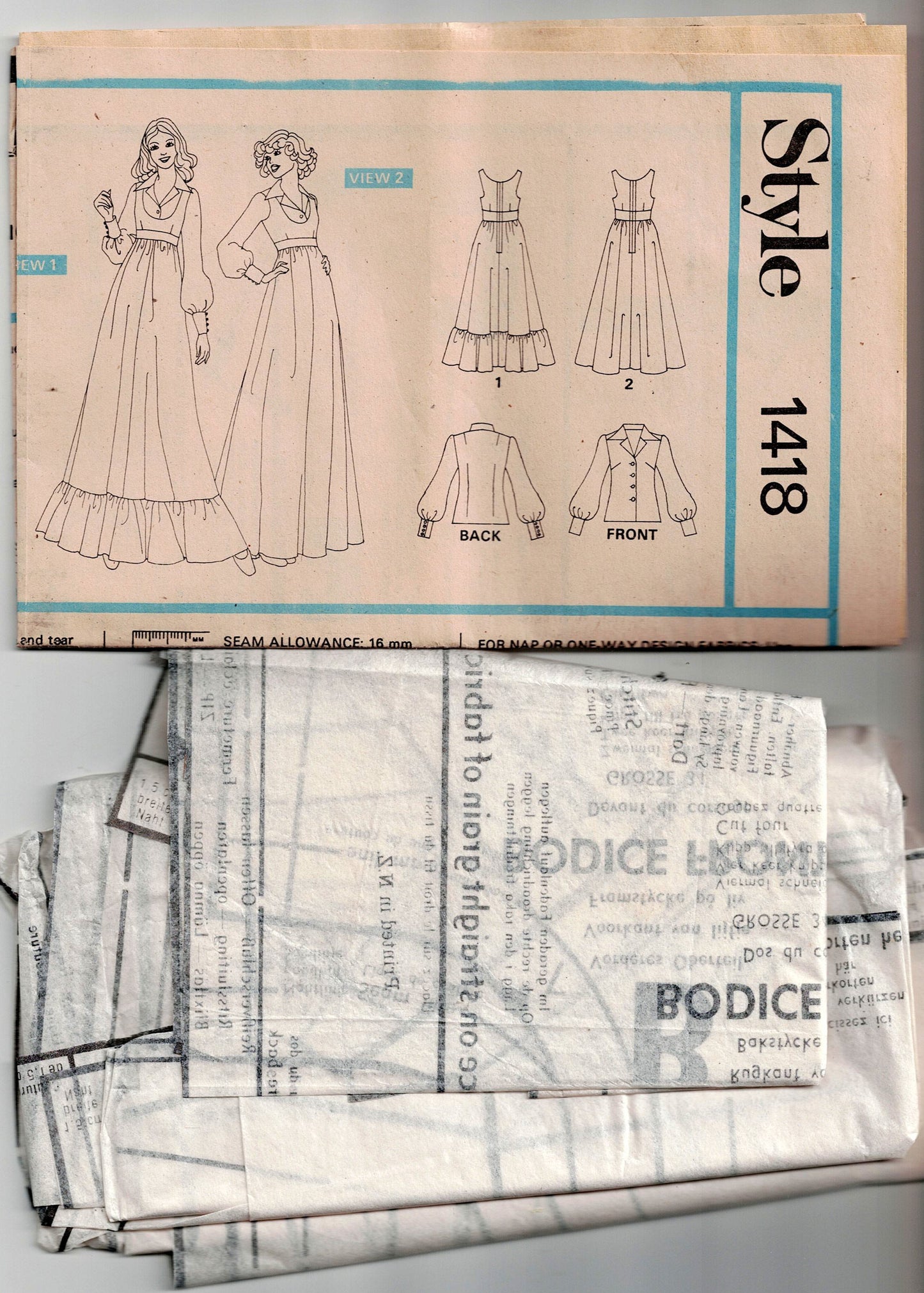 Style 1418 Womens Pinafore Maxi Dress & Puffy Sleeved Blouse 1970s Vintage Sewing Pattern Size 8 Bust 31.5 inches