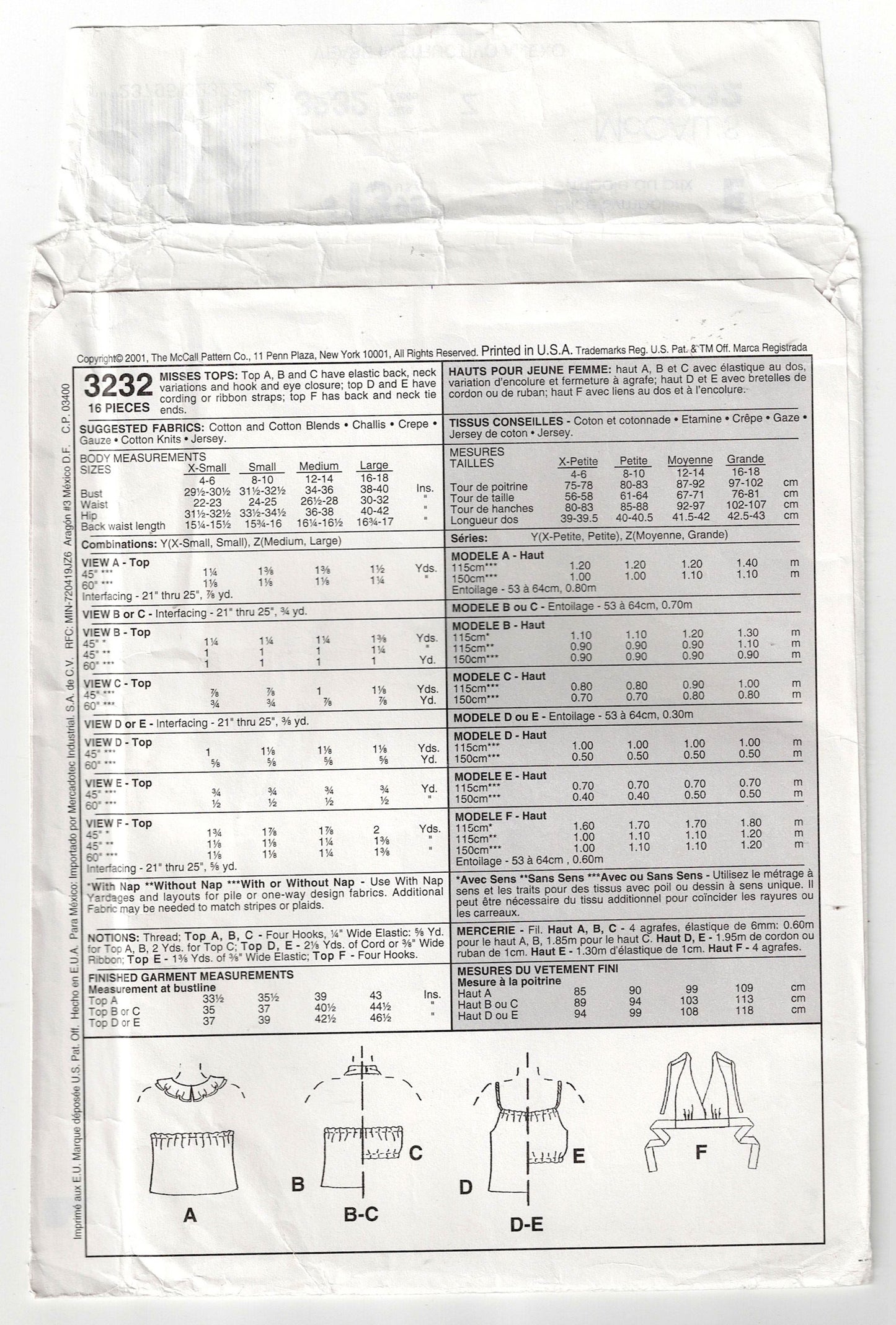McCall's 3232 Womens Set Of Summer Tops Out Of Print Sewing Pattern Sizes 12 - 18 UNCUT Factory Folded