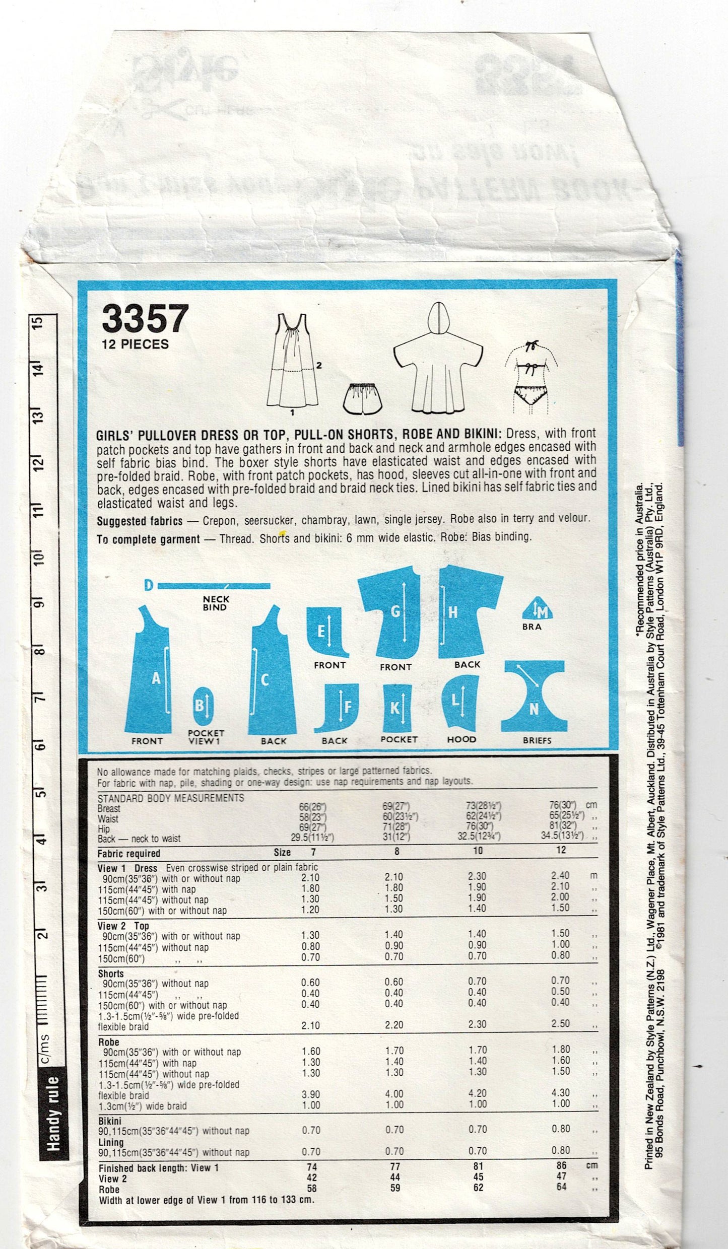 Style 3357 Girls Bikini Hooded Robe Dress Top & Shorts 1970s Vintage Sewing Pattern Size 8 UNCUT Factory Folded