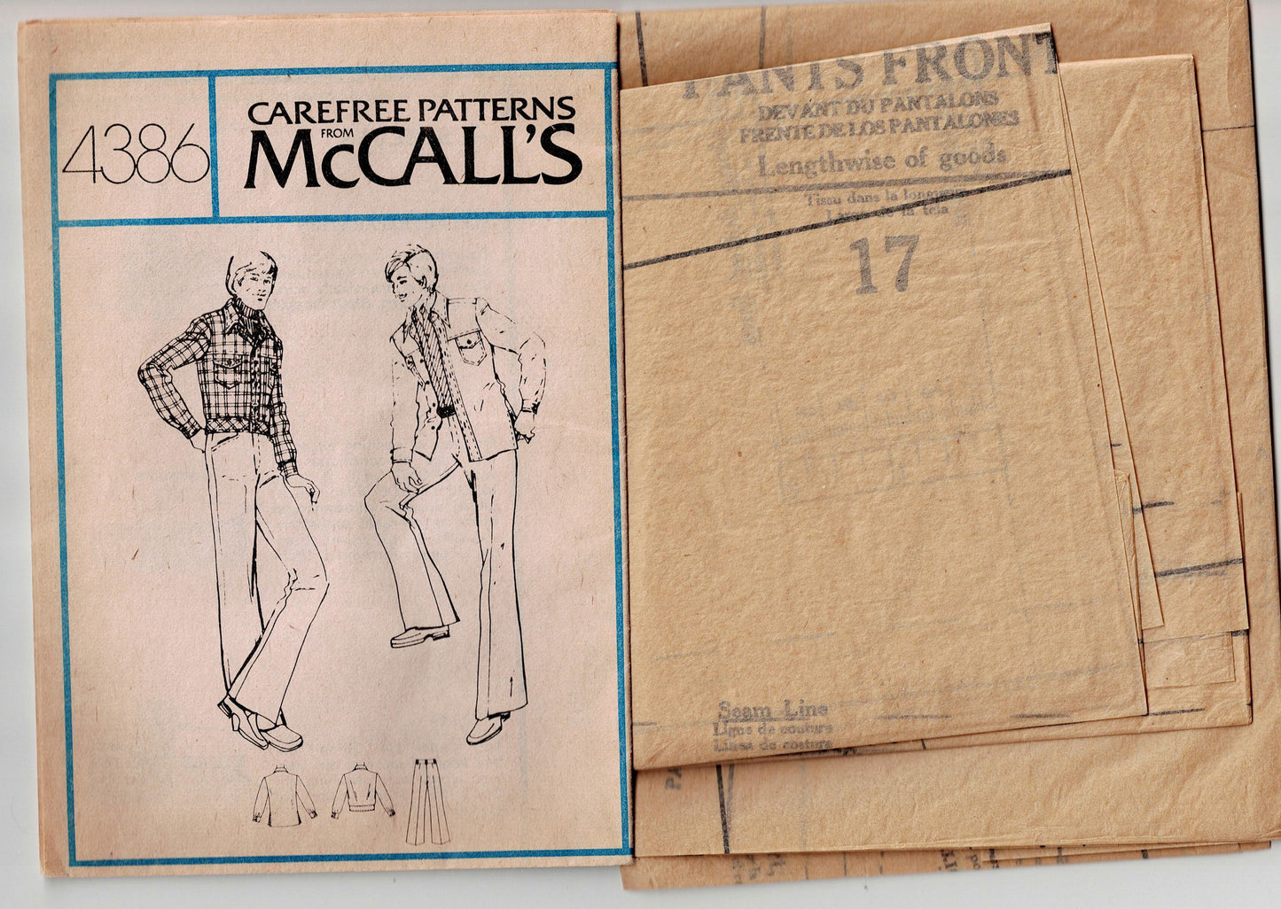 McCall's 4386 Mens Bomber Jacket Shirt & Pants 1970s Vintage Sewing Pattern Chest 40 inches