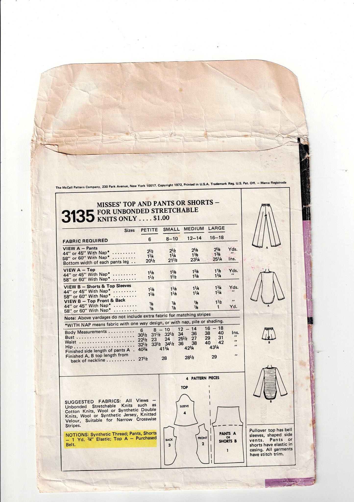 McCall's 3135 Womens Stretch Knit Tops Shorts & Pants 1970s Vintage Sewing Pattern Bust 34 - 36 inches