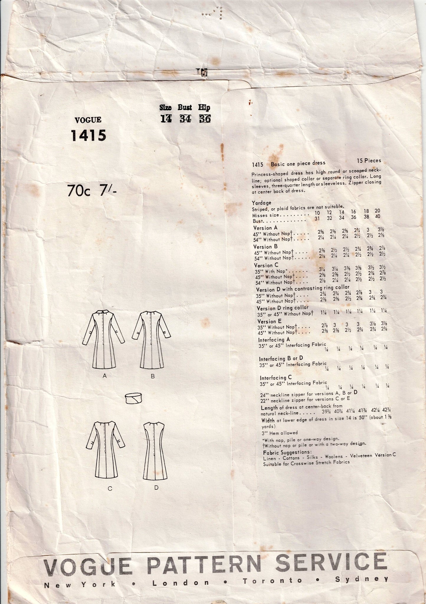 Vogue Basic Design 1415 Womens Classic Princess Dresses 1960s Vintage Sewing Pattern Size 14 Bust 34 inches