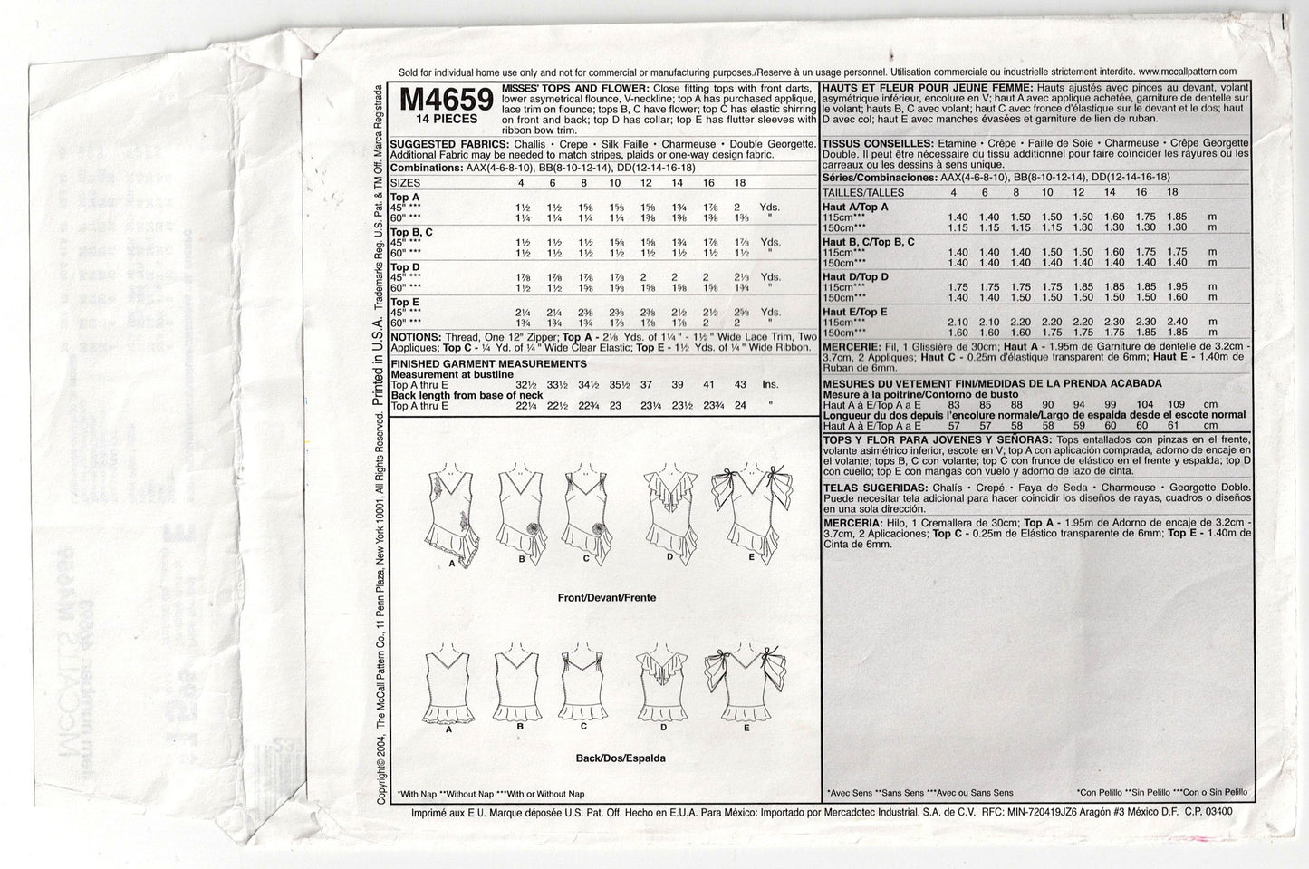 McCall's 4659 Womens Set Of Asymmetric Ruffled Summer Tops Out Of Print Sewing Pattern Sizes 12 - 18 UNCUT Factory Folded