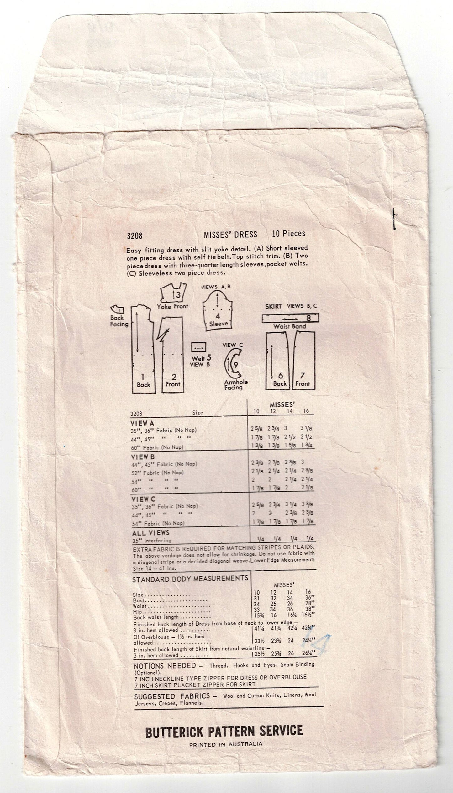 Butterick 3208 Womens Slit Yoked Dress Top & Skirt 1960s Vintage Sewing Pattern Size 14 Bust 34 inches