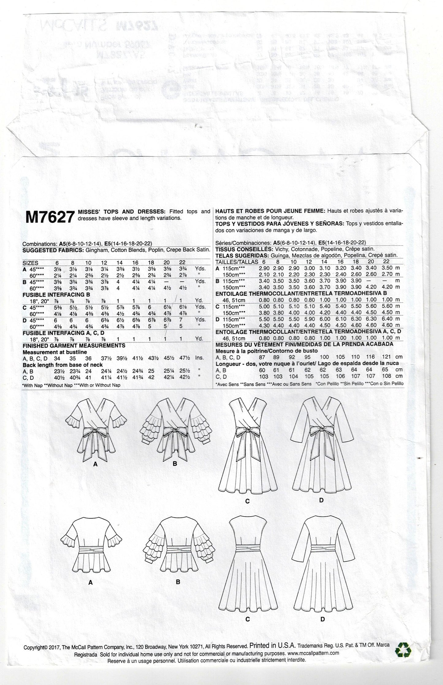 McCall's 7627 LAURA ASHLEY Womens Wrap Dress & Top Out Of Print Sewing Pattern Sizes 6 - 14 UNCUT Factory Folded