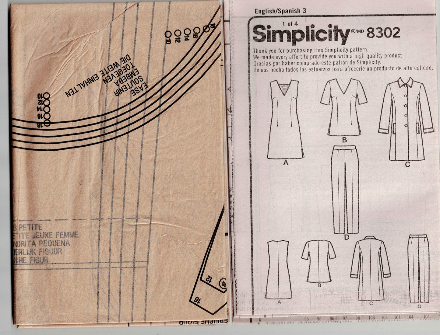 Simplicity 8302 Womens Coat Dress Tunic Top & Pants Out Of Print Sewing Pattern Size 10 - 18 UNCUT Factory Folded