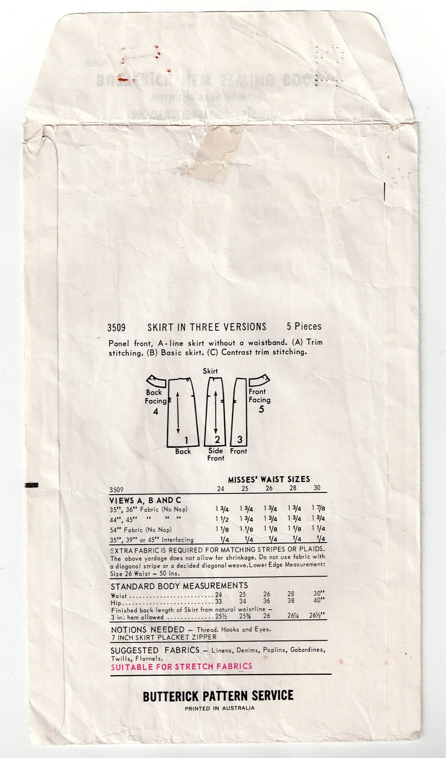Butterick 3509 Womens Classic Panelled Skirt 1960s Vintage Sewing Pattern Waist 28 inches