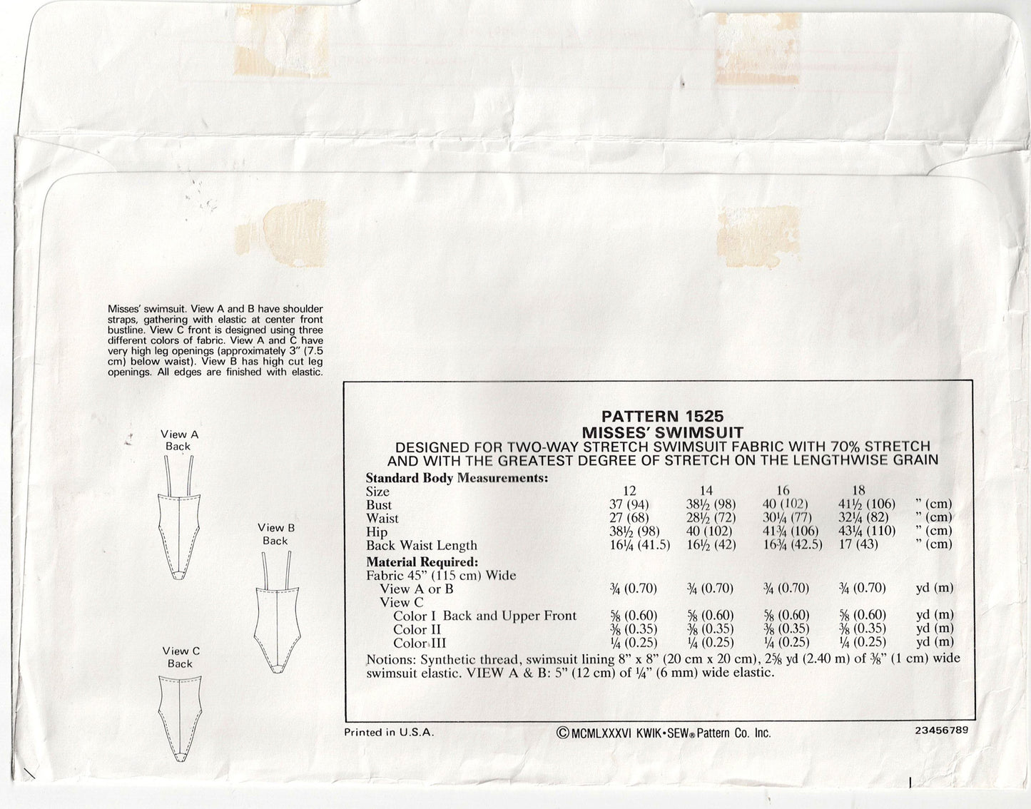 Kwik Sew 1525 Womens High Cut Leg Colour Block Stretch Swimsuit or Maillot 1980s Vintage Sewing Pattern Bust 34 - 41.5 inches UNCUT Factory Folded