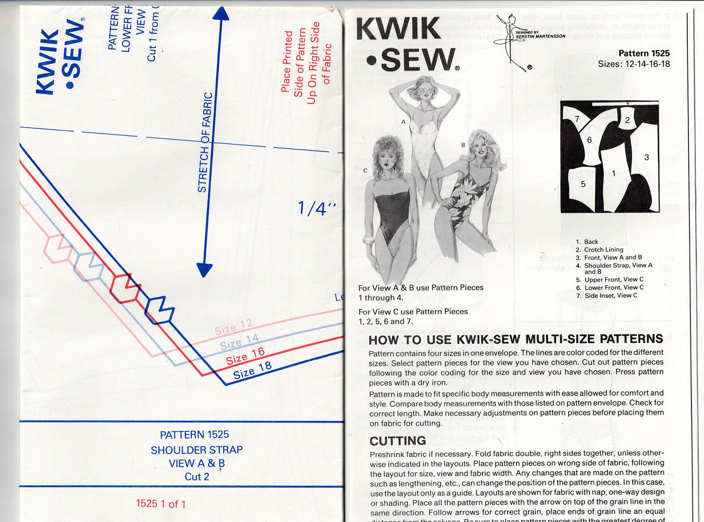 Kwik Sew 1525 Womens High Cut Leg Colour Block Stretch Swimsuit or Maillot 1980s Vintage Sewing Pattern Bust 34 - 41.5 inches UNCUT Factory Folded