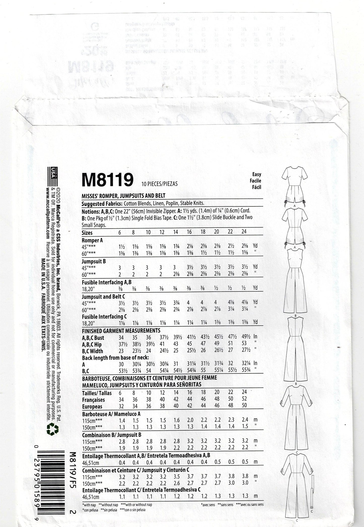 McCall's 8119 Womens #MarlowMcCalls Jumpsuits Sewing Pattern Sizes 6 - 14 UNCUT Factory Folded