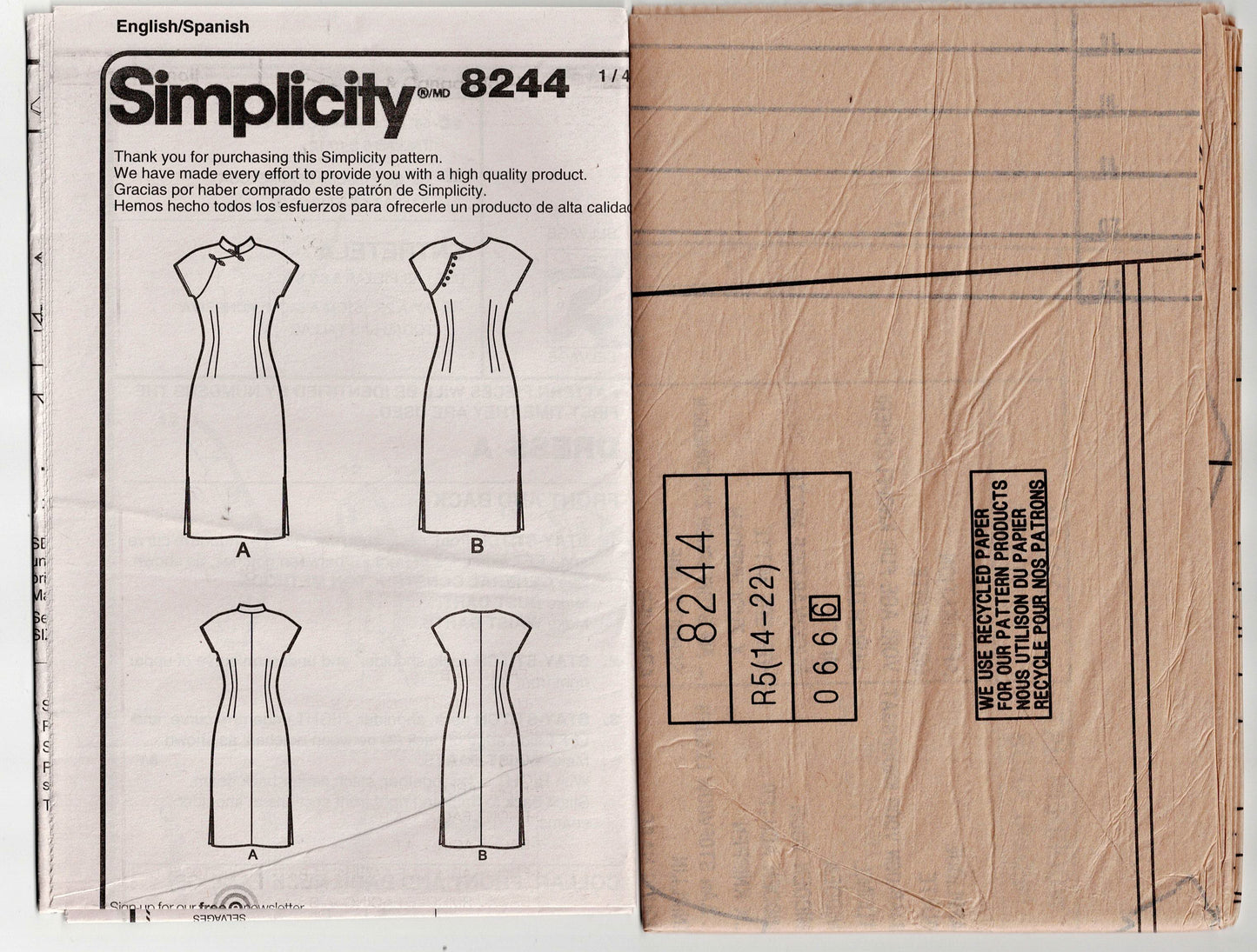 Patrón de costura reeditado de vestido cheongsam para mujer Simplicity 8244, década de 1950, talla 14-22, sin cortar, doblado de fábrica