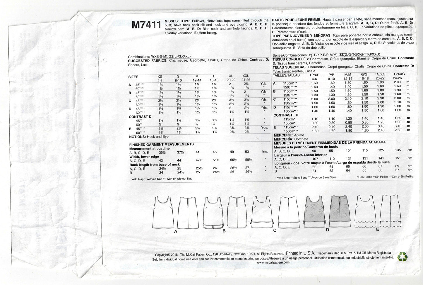 McCall's 7411 Womens EASY Pullover Sleeveless Tops Out Of Print Sewing Pattern Sizes L - XXL UNCUT Factory Folded
