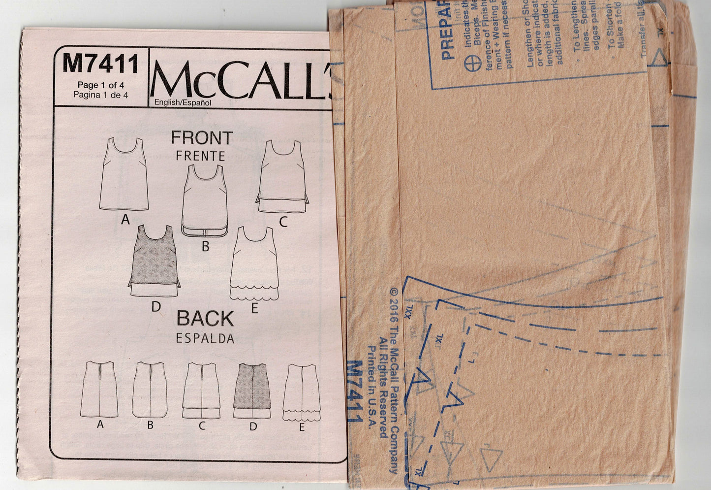 McCall's 7411 Womens EASY Pullover Sleeveless Tops Out Of Print Sewing Pattern Sizes L - XXL UNCUT Factory Folded