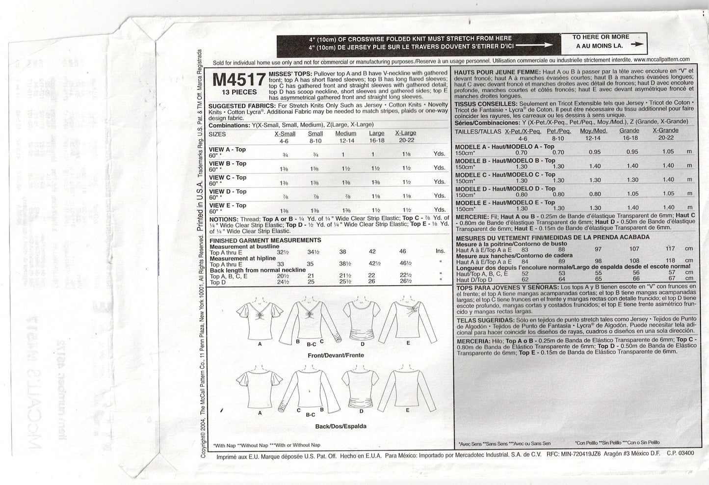 McCall's 4517 Womens EASY Stretch Knit Ruched Tops Out Of Print Sewing Pattern Size L XL UNCUT Factory Folded