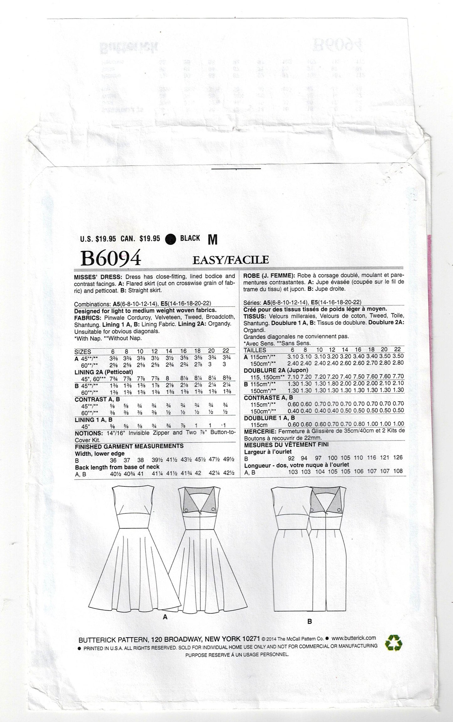 Butterick 6094 GERTIE'S Womens Full Skirt or Sheath Dress with Midriff Band & Contrast Back Collar Out Of Print Sewing Pattern Sizes 14 - 22 UNCUT Factory Folded