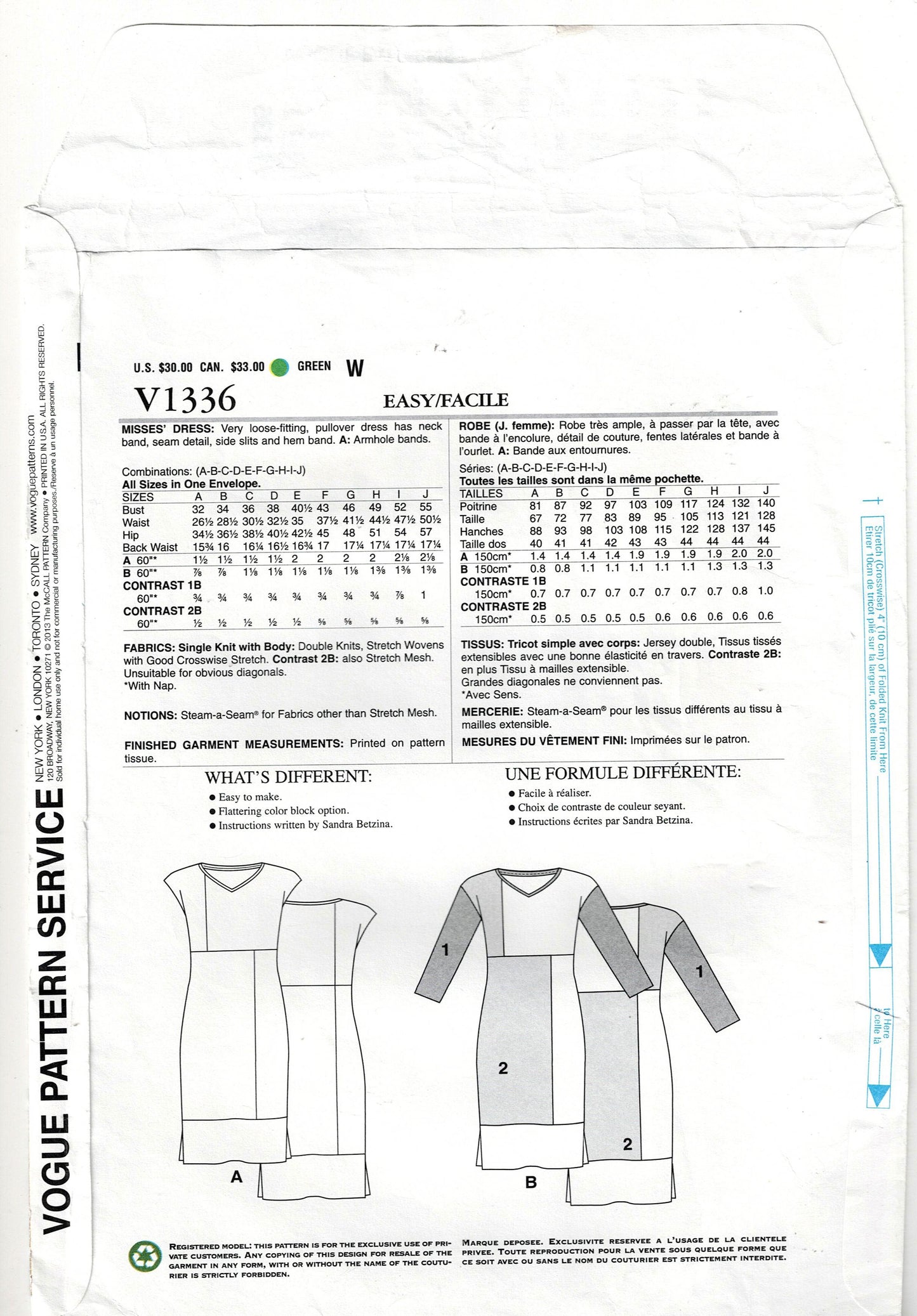 Vogue Original 1336 Today's Fit SANDRA BETZINA Womens Stretch Knit Colour Blocked Slim Dress Out Of Print Sewing Pattern Bust 32 - 55 inches UNCUT Factory Folded