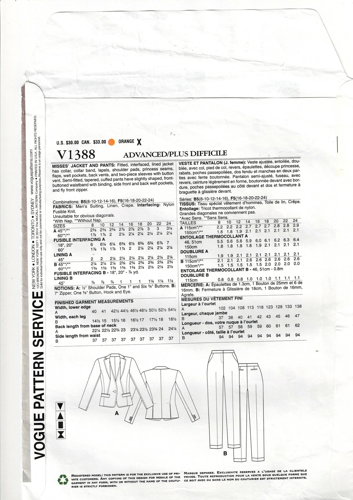 Vogue American Designer 1388 ANNE KLEIN Womens Tailored Pants Suit Out Of Print Sewing Pattern Size 16 - 24 UNCUT Factory Folded