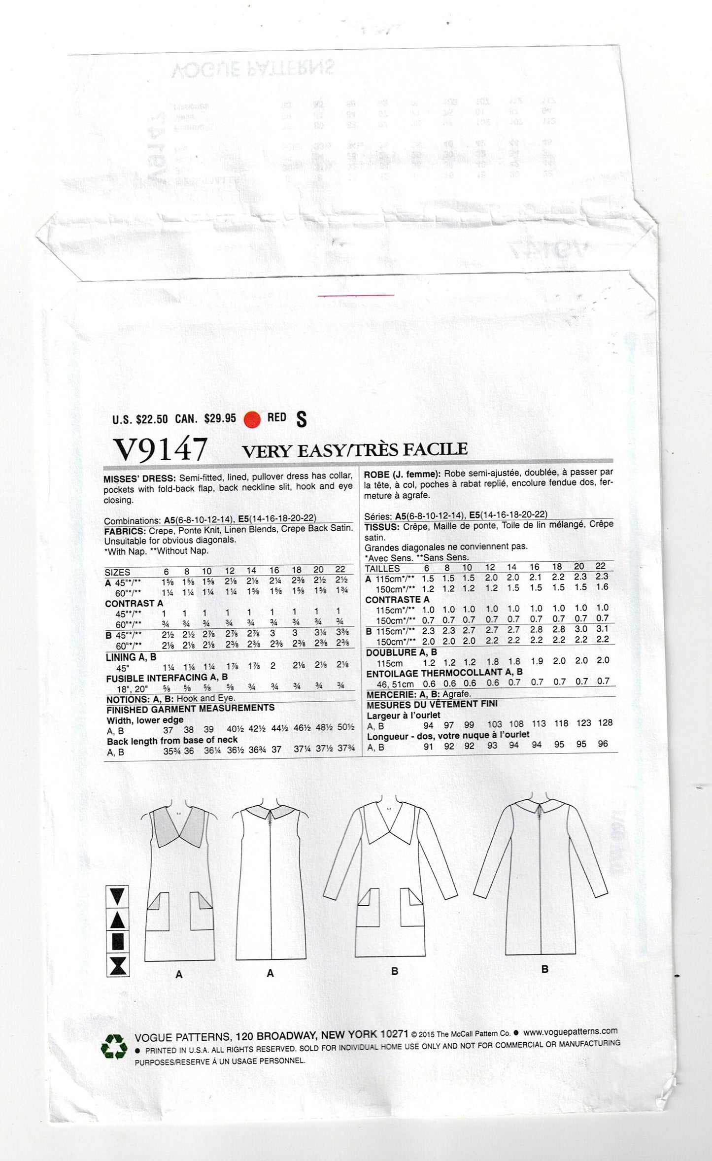 Very Easy Vogue 9147 Womens Wide Collar Pullover Dress with Pockets Out Of Print Sewing Pattern Size 14 - 22 UNCUT Factory Folded