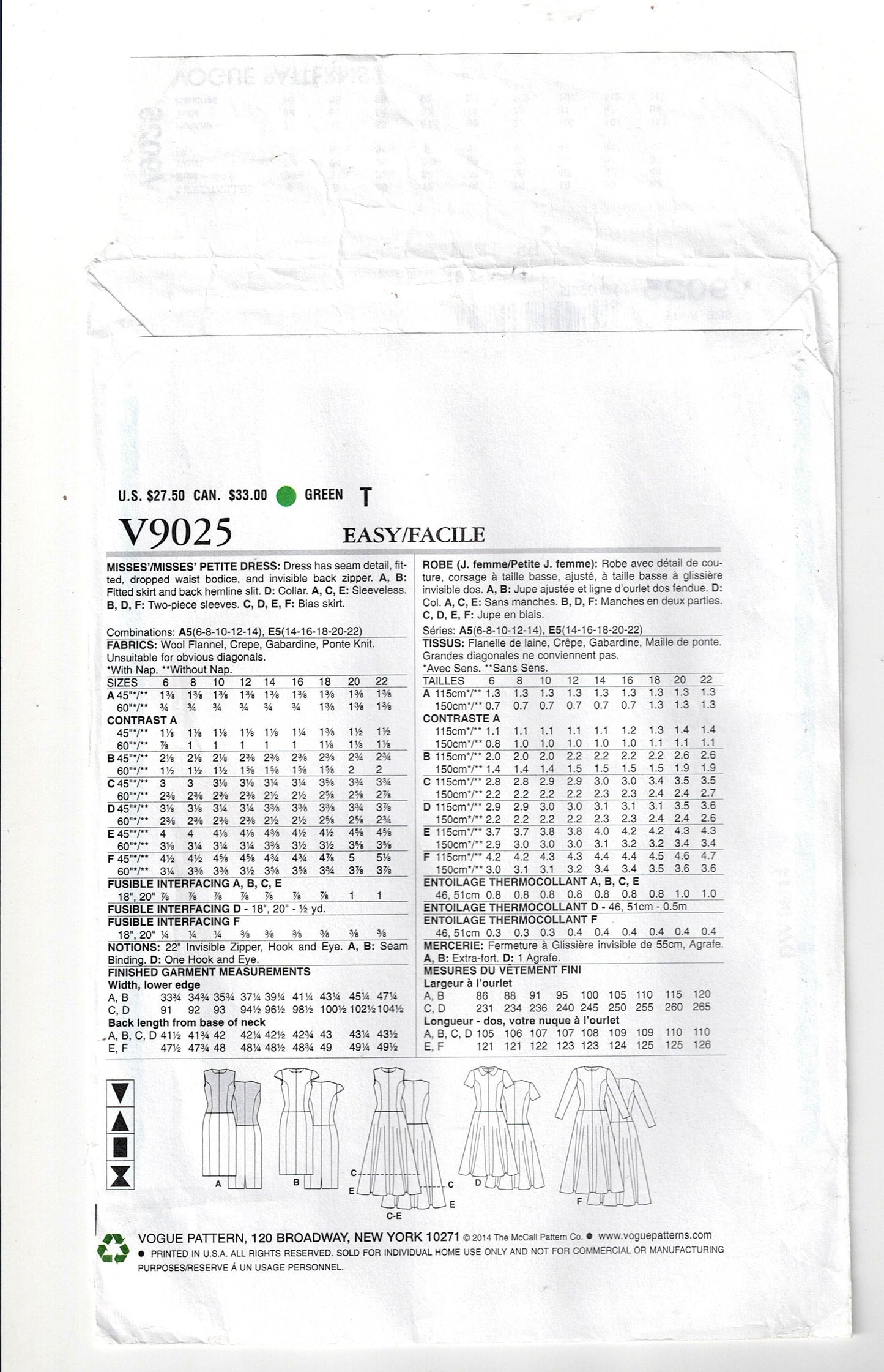 Vogue Easy Options 9025 Womens Dropped Waist Princess Seamed Dress Out Of Print Sewing Pattern Size 14 - 22 UNCUT Factory Folded