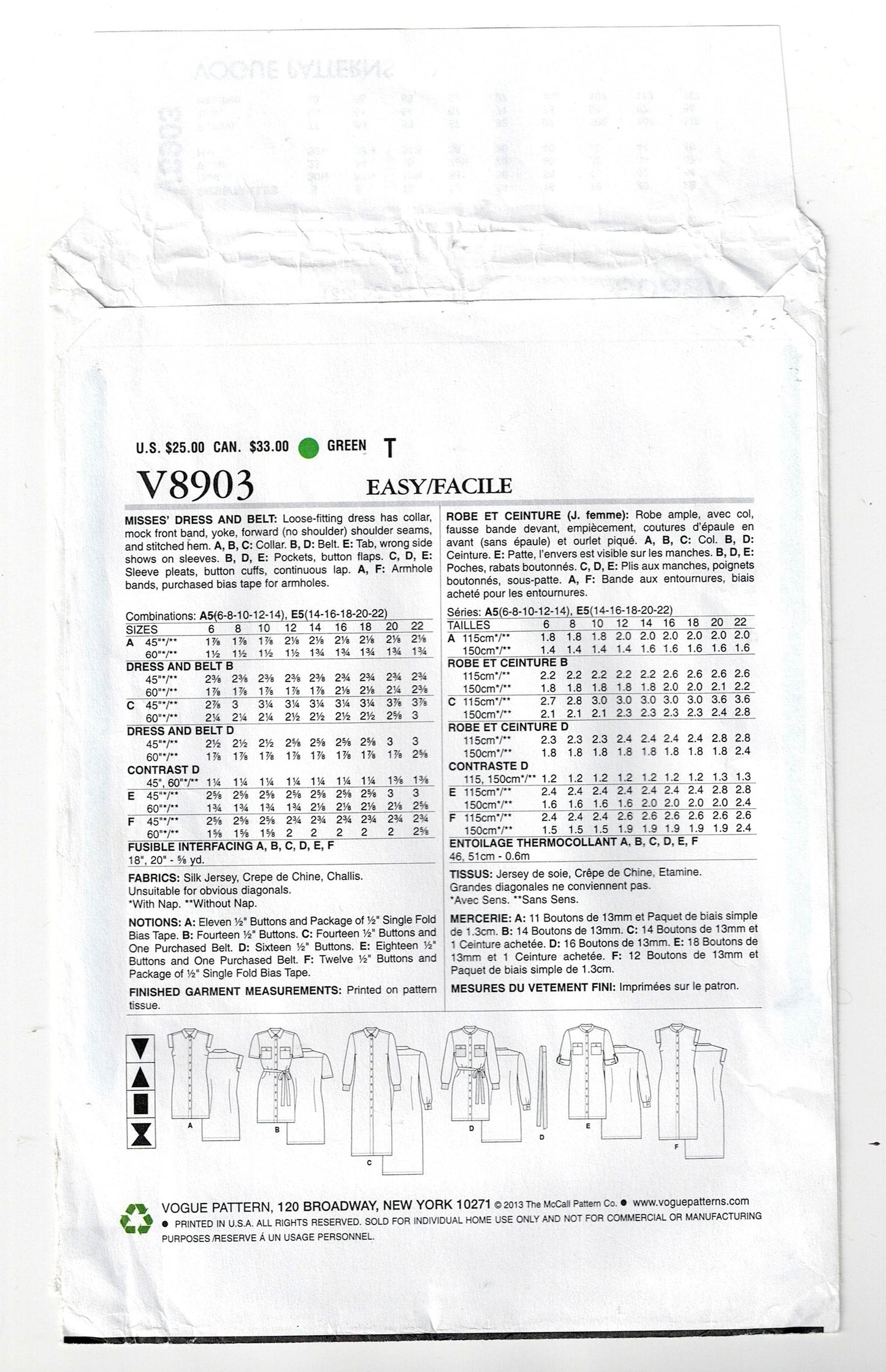 Vogue 8903 Womens Classic Button Front Shirtdress with Pockets Out Of Print Sewing Pattern Size 14 - 22 UNCUT Factory Folded