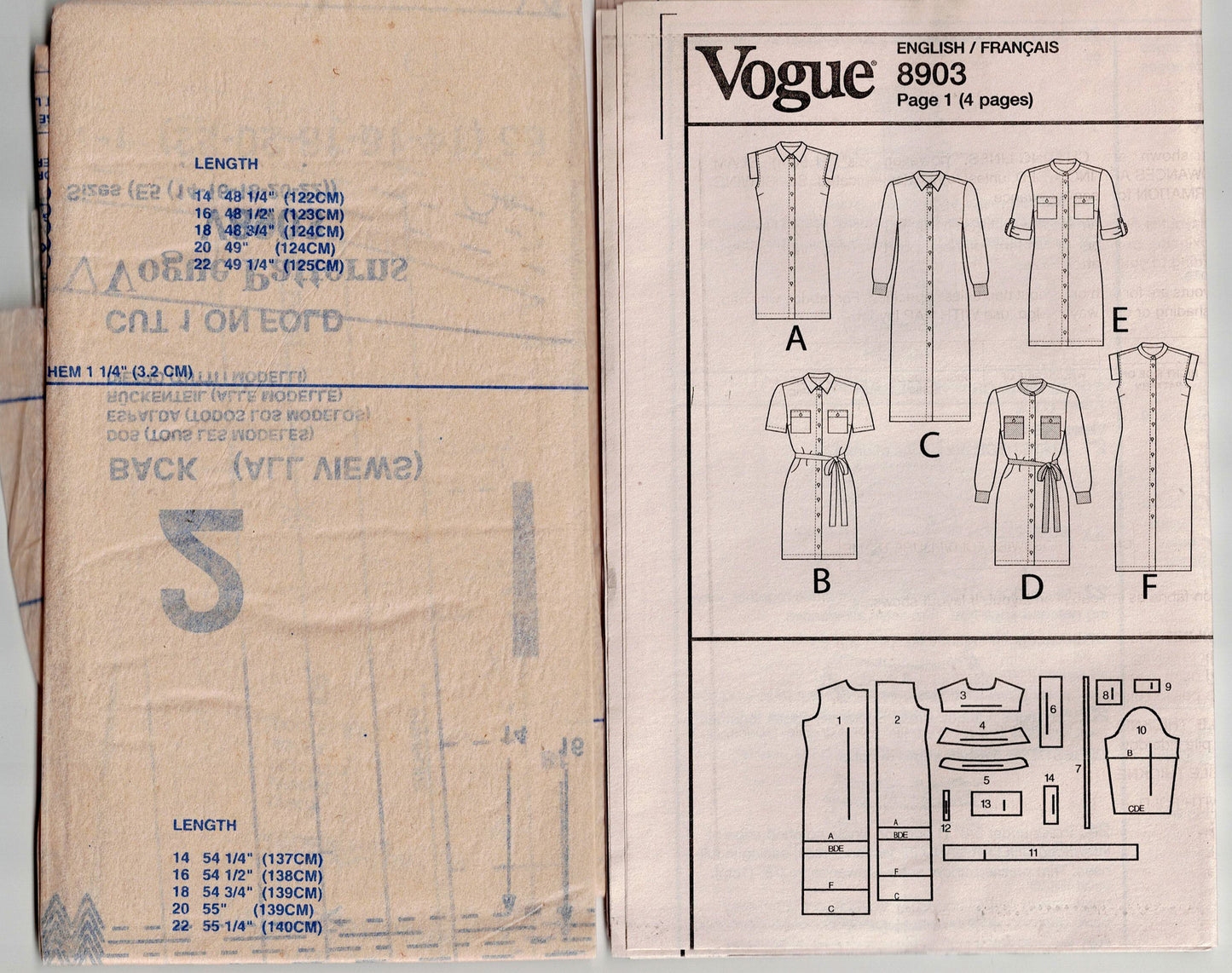 Vogue 8903 Womens Classic Button Front Shirtdress with Pockets Out Of Print Sewing Pattern Size 14 - 22 UNCUT Factory Folded
