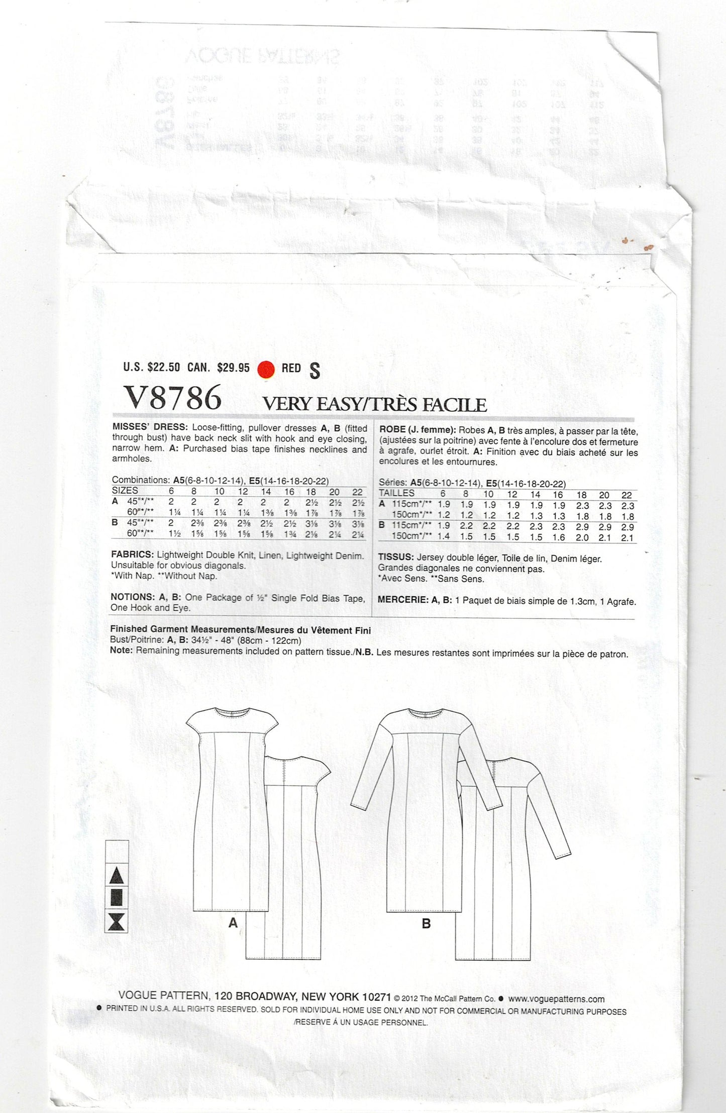 Very Easy Vogue 8786 Womens Yoked Sheath Dress Out Of Print Sewing Pattern Size 6 - 12 UNCUT Factory Folded