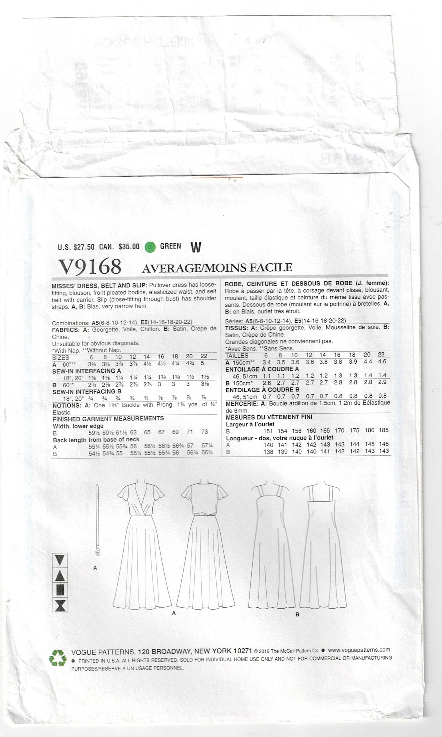 Vogue Designer Original 9168 KATHRYN BRENNER Womens Flutter Sleeved Evening Dress & Slip Out Of Print Sewing Pattern Size 14 - 22 UNCUT Factory Folded