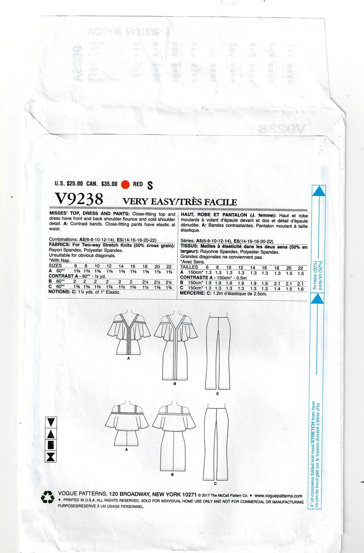 Vogue 9238 Womens 2 Way Stretch Knit Top Dress & Bootcut Pants Out Of Print Sewing Pattern Size 6 - 14 UNCUT Factory Folded