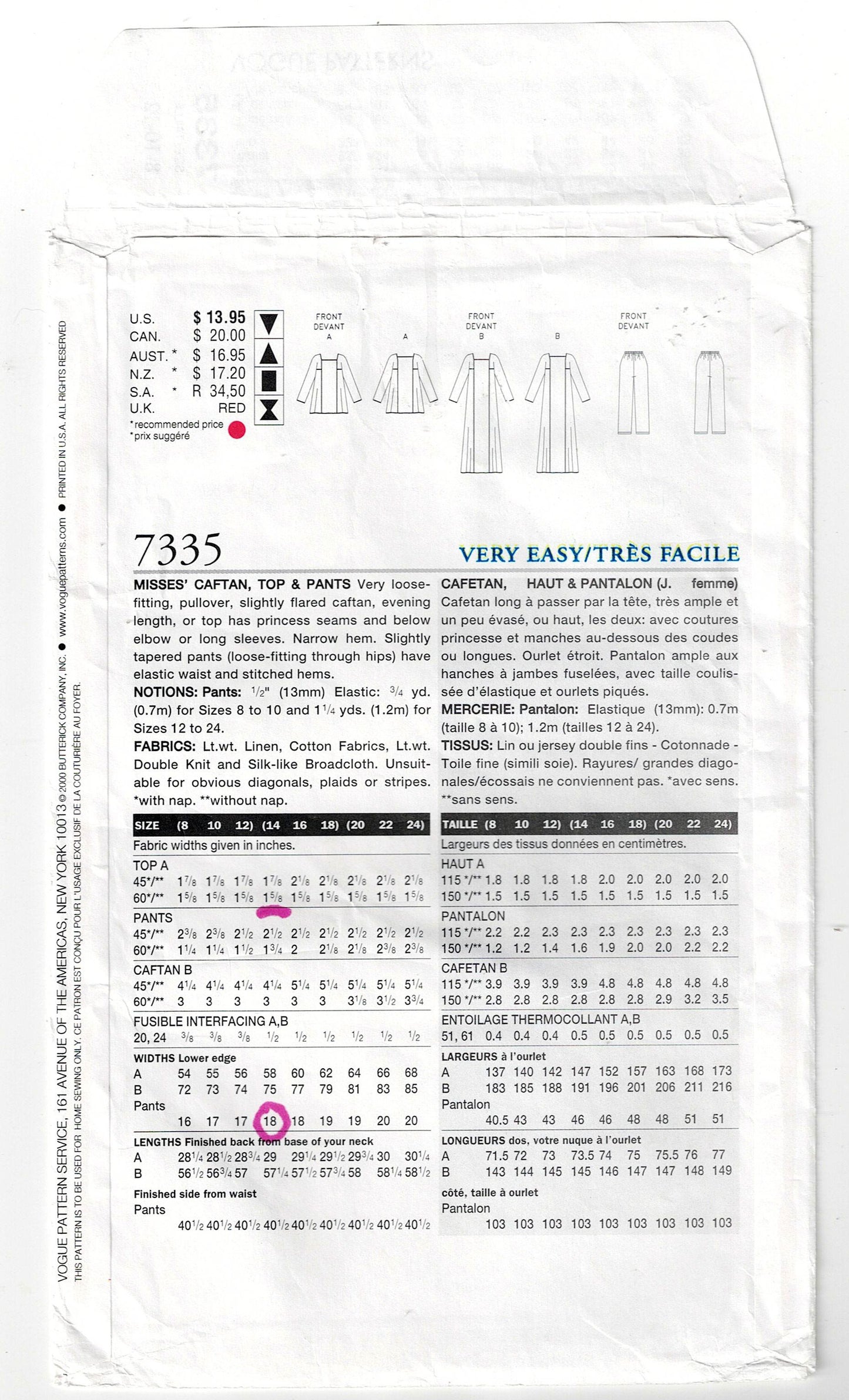 Very Easy Vogue 7335 KOKO BEALL Womens Caftan Dress Top & Pants Out Of Print Sewing Pattern Size 8 - 12 UNCUT Factory Folded