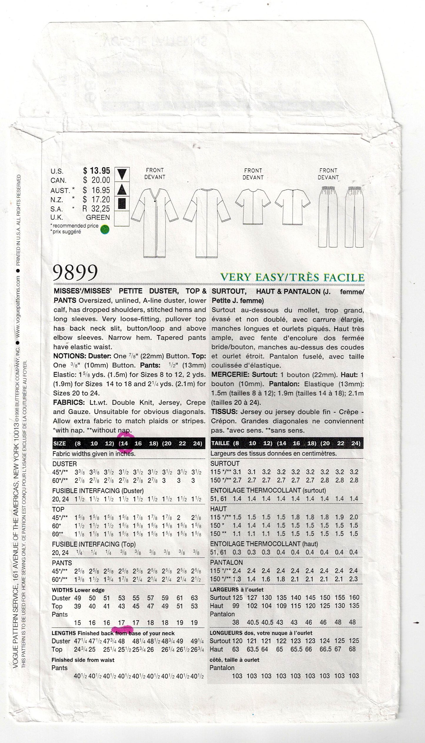 Very Easy Vogue 9899 KOKO BEALL Womens Duster Coat Top & Pants 1990s Vintage Sewing Pattern Size 8 - 12 UNCUT Factory Folded
