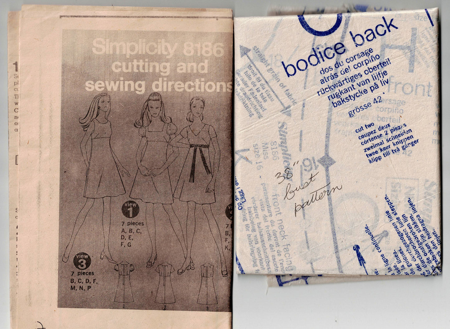Simplicity 8186 Womens Empire Waisted Dress with 3 Necklines 1960s Vintage Sewing Pattern Size 16 Bust 38 Inches
