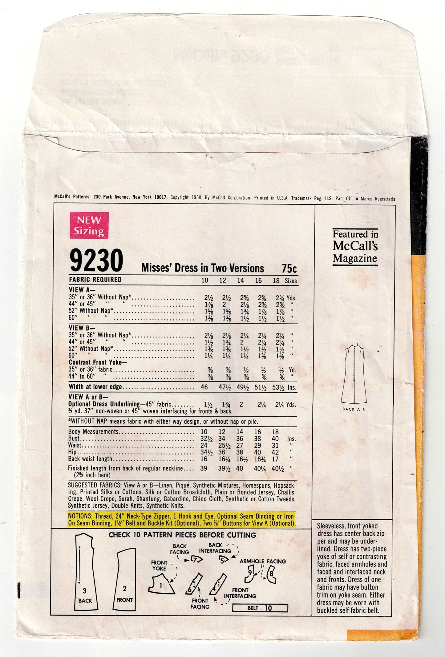 McCall's 9230 Womens Yoked Colour Blocked Shift Dress 1960s Vintage Sewing Pattern Size 16 Bust 38 inches