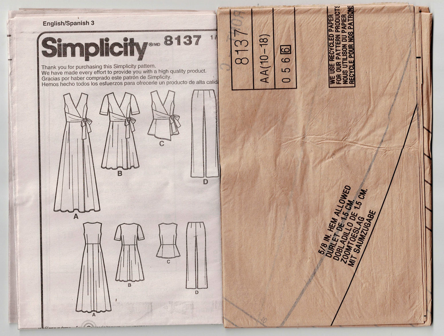 Simplicity 8137 Womens Wrap Dress with Waist Ties Out Of Print Sewing Pattern Size 10 - 18 UNCUT Factory Folded