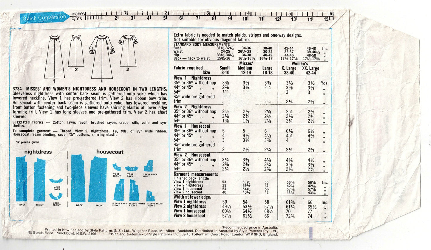 Style 3734 Womens Round Yoked Nightgown & Housecoat 1970s Vintage Sewing Pattern Size XX LARGE Bust 46 - 48 Inches