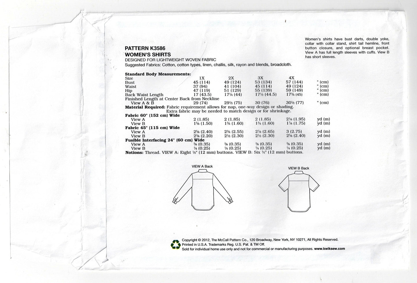 Kwik Sew 3586 Womens Button Front Shirts Out Of Print Sewing Pattern Size 1X - 4X UNCUT Factory Folded