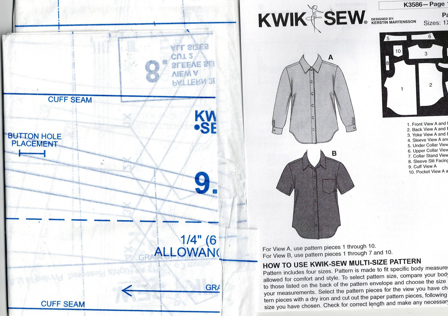 Kwik Sew 3586 Womens Button Front Shirts Out Of Print Sewing Pattern Size 1X - 4X UNCUT Factory Folded