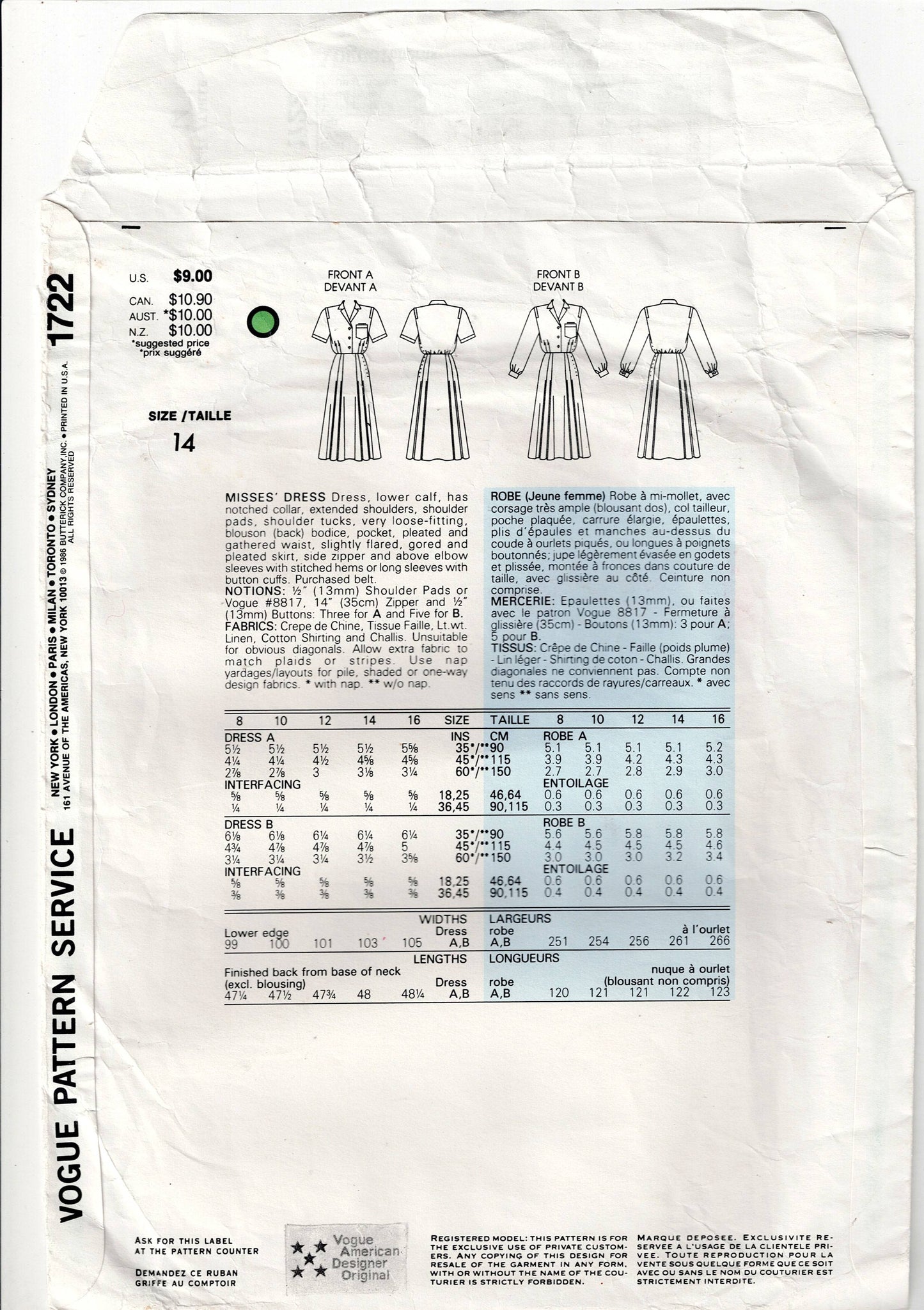 Vogue American Designer 1722 RALPH LAUREN Womens Shirtdress with Pleats 1980s Vintage Sewing Pattern Size 14 Bust 36 Inches