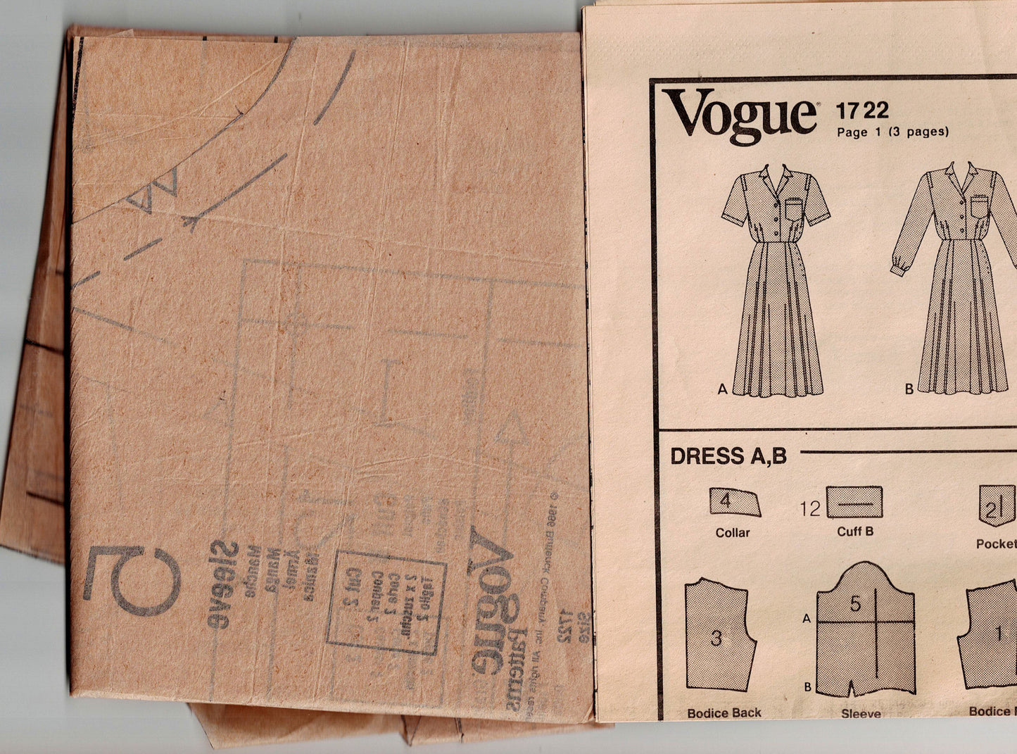 Vogue American Designer 1722 RALPH LAUREN Womens Shirtdress with Pleats 1980s Vintage Sewing Pattern Size 14 Bust 36 Inches