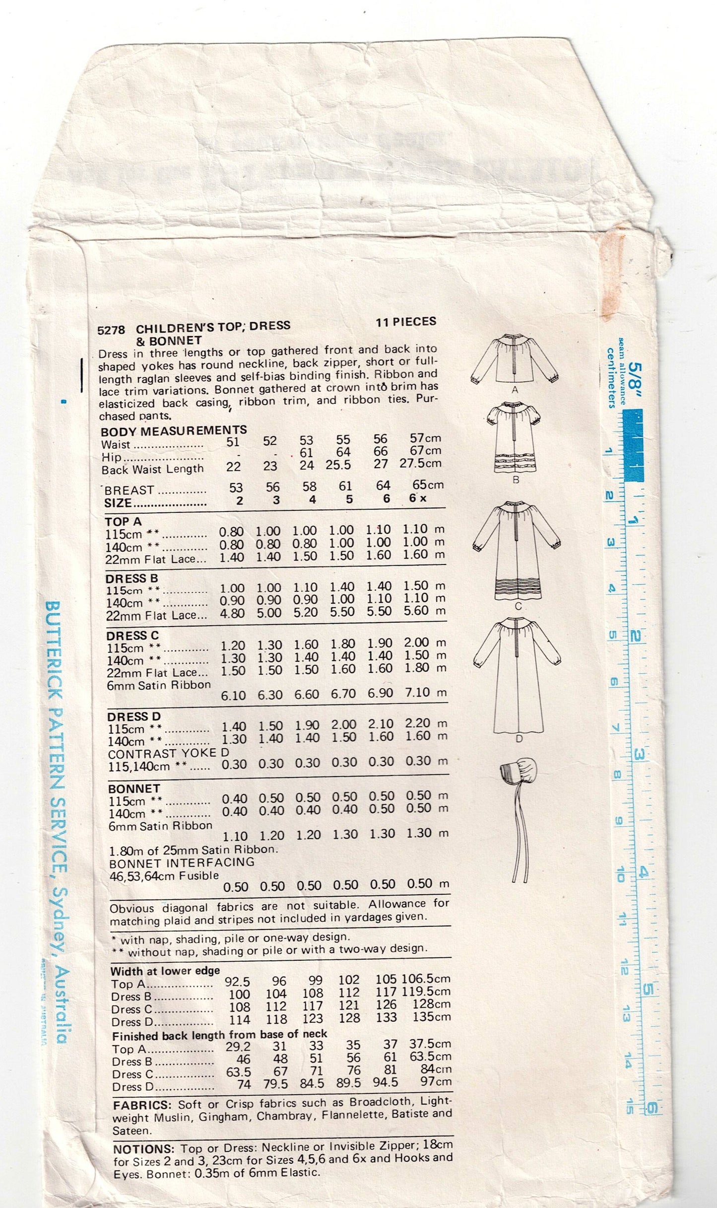 Butterick 5278 BETSEY JOHNSON Girls Yoked Dress Top & Bonnet 1970s Vintage Sewing Pattern Size 6