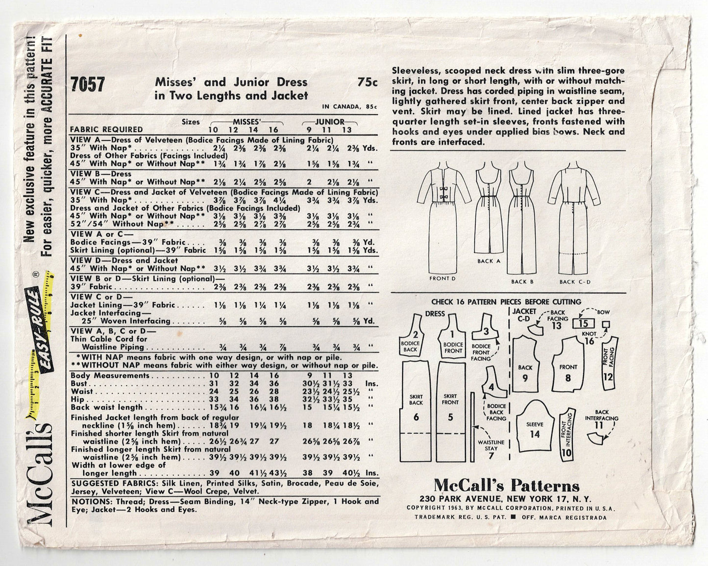 McCall's 7057 Womens 1960s Evening Jackie O Style Sheath Dress & Jacket 1960s Vintage Sewing Pattern Size 14 Bust 34 inches