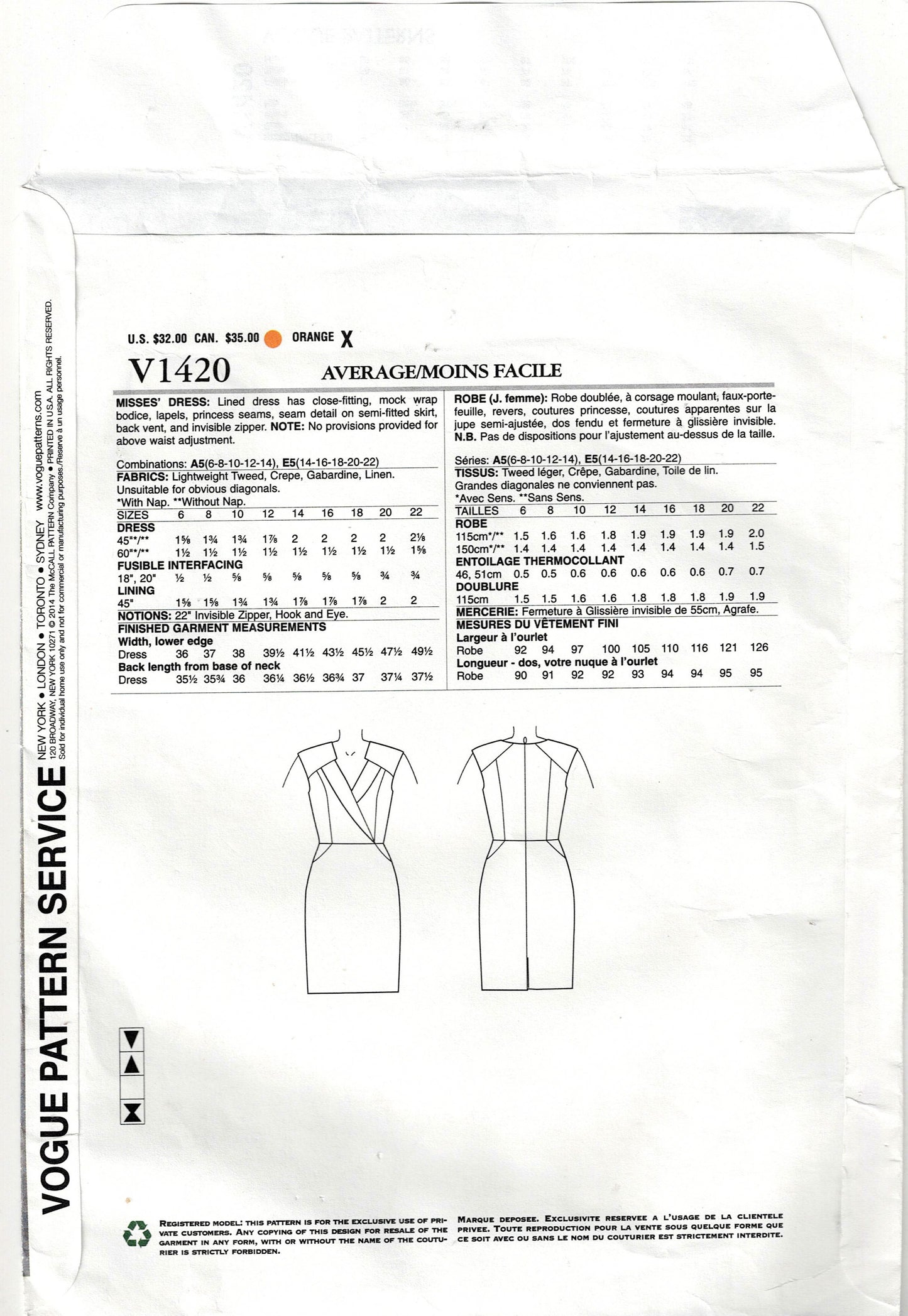 Vogue American Designer 1420 ANNE KLEIN Womens Lined Wrap Bodice Dress Out Of Print Sewing Pattern Size 6 - 14 UNCUT Factory Folded