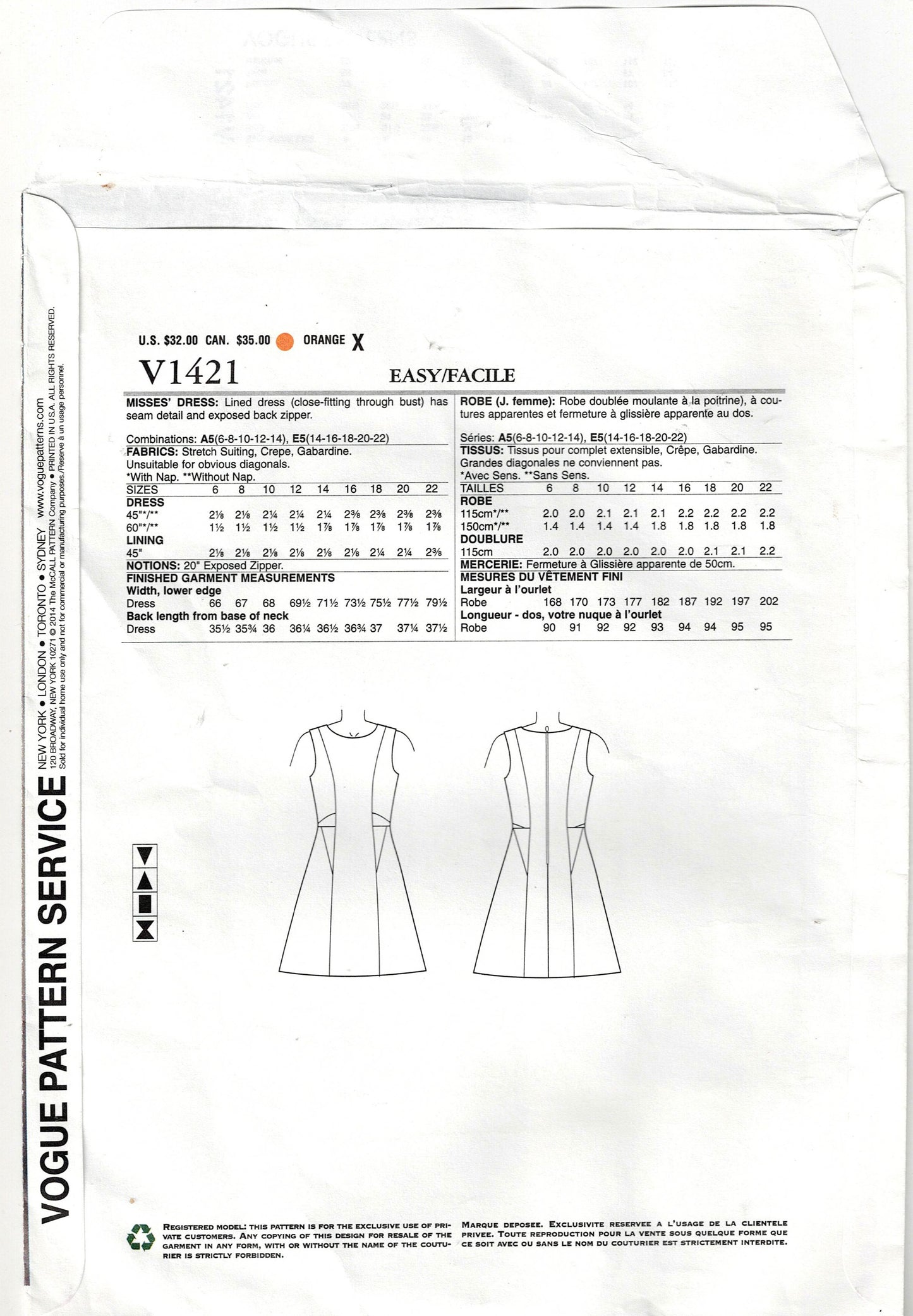 Vogue American Designer 1421 DKNY Womens Lined Evening Dress with Seam Detail Out Of Print Sewing Pattern Size 6 - 14 UNCUT Factory Folded