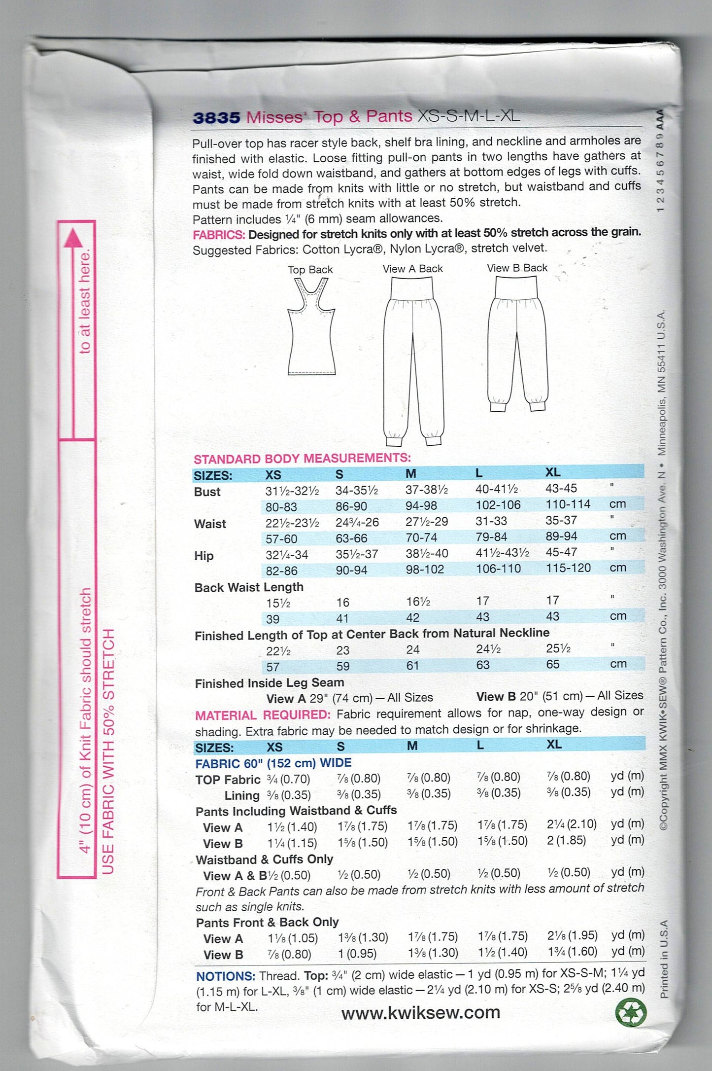 Kwik Sew 3835 Womens Stretch Knit Shelf Bra Tank Top & Yoga Pants Out Of Print Sewing Pattern Size XS - XL UNCUT Factory Folded