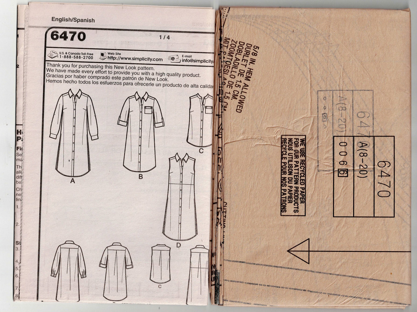 New Look 6470 Womens Casual Shirt Dress & Tunic Tops Out Of Print Sewing Pattern Size 8 - 20 UNCUT Factory Folded
