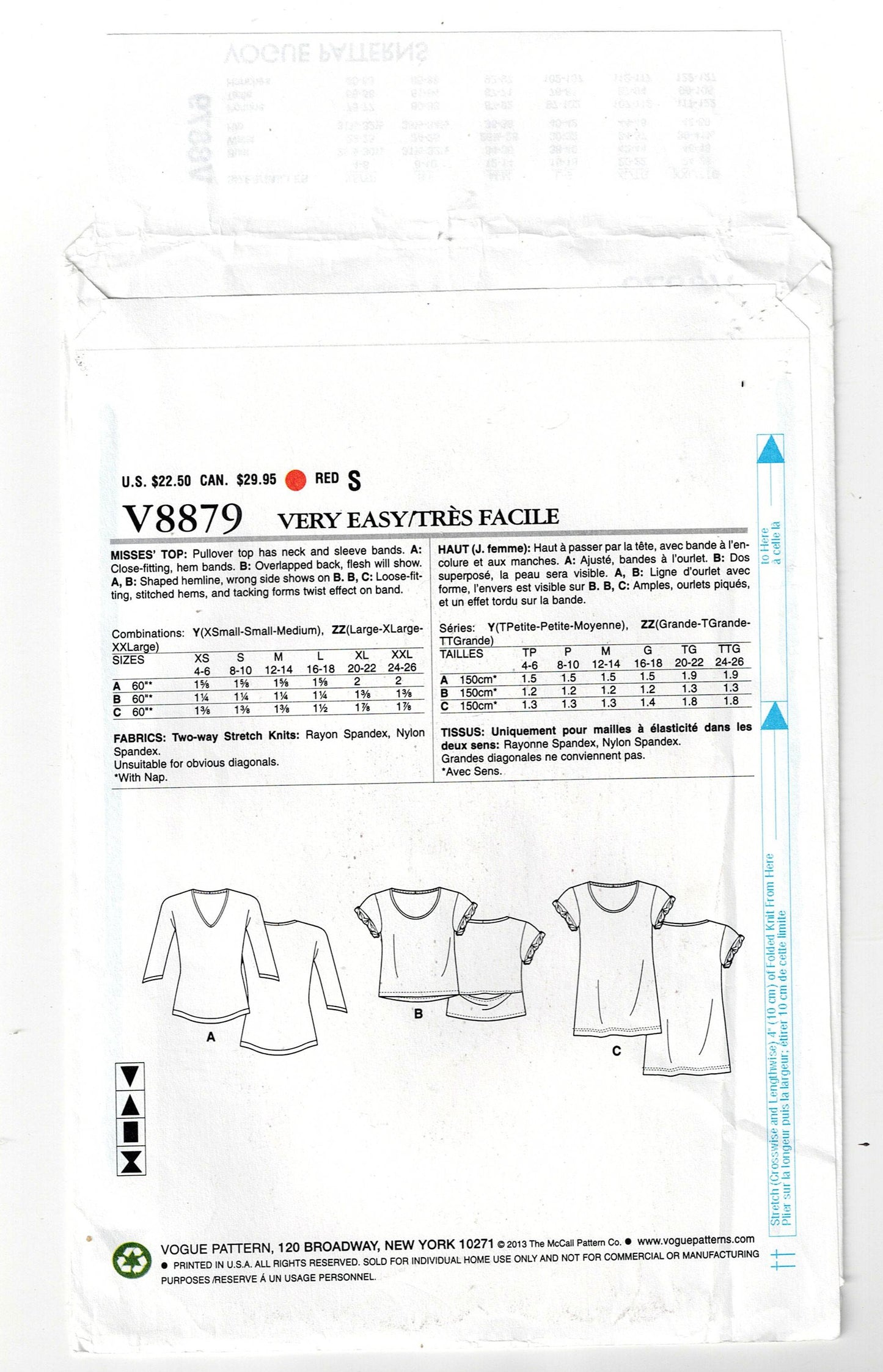 Vogue 8879 Womens EASY Stretch Pullover Tops Out Of Print Sewing Pattern Size L - XXL UNCUT Factory Folded