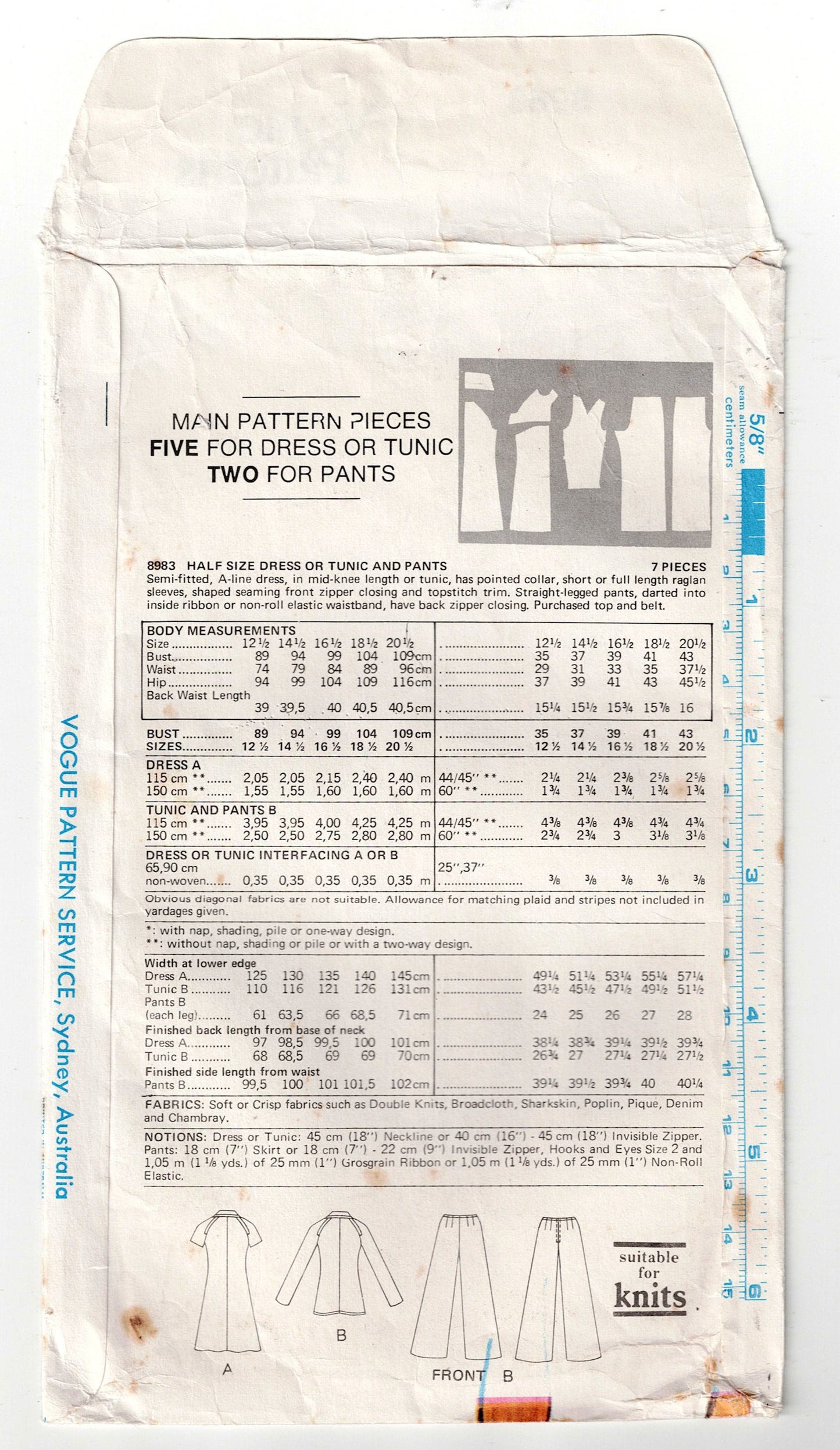 Vogue 8983 Womens Half Size Yoked Dress Top & Pants 1970s Vintage Sewing Pattern Bust 37 inches