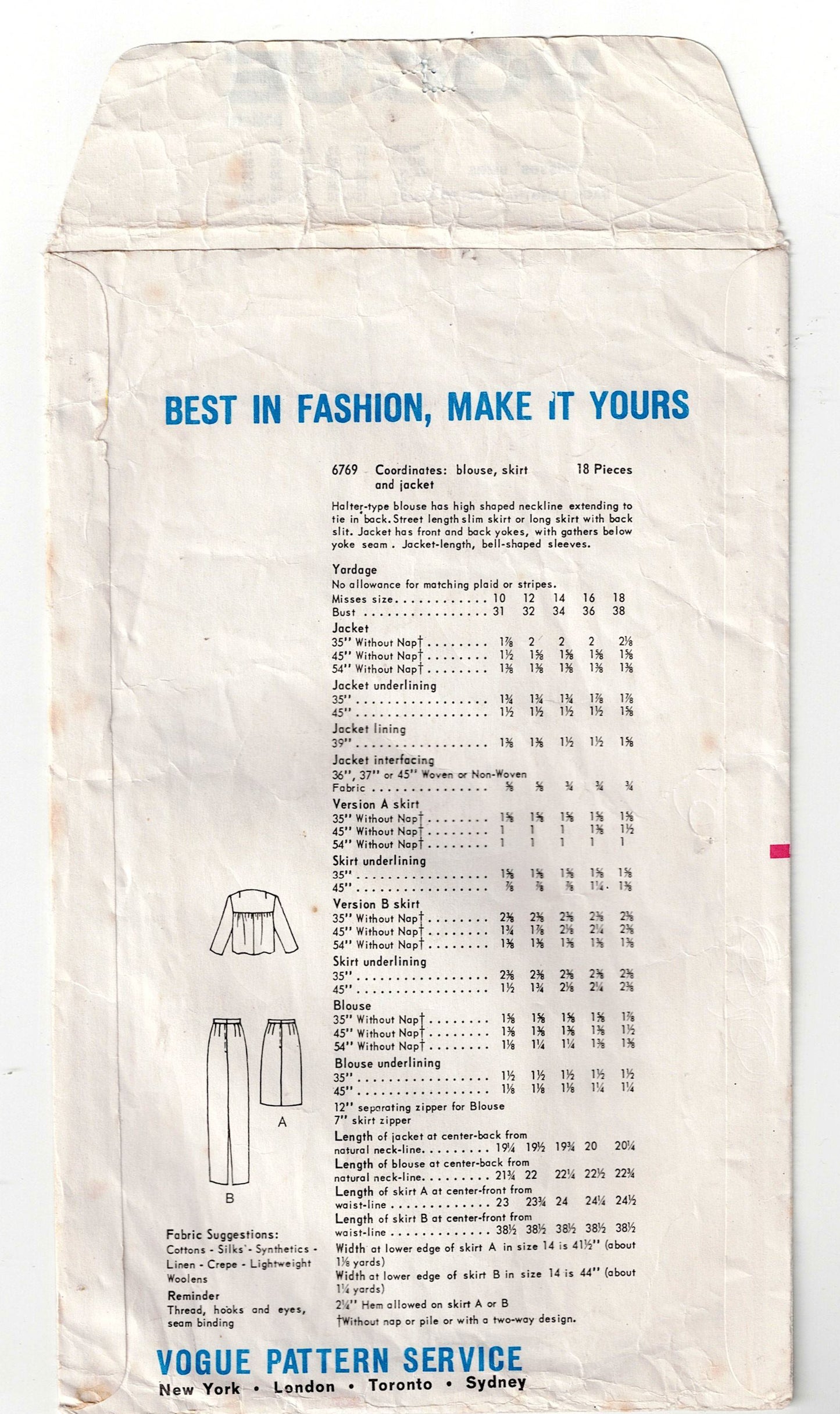 Vogue 6769 RARE Womens Evening Halter Blouse Bell Sleeved Jacket & Slim Skirt 1960s Vintage Sewing Pattern Size 14 Bust 34 inches