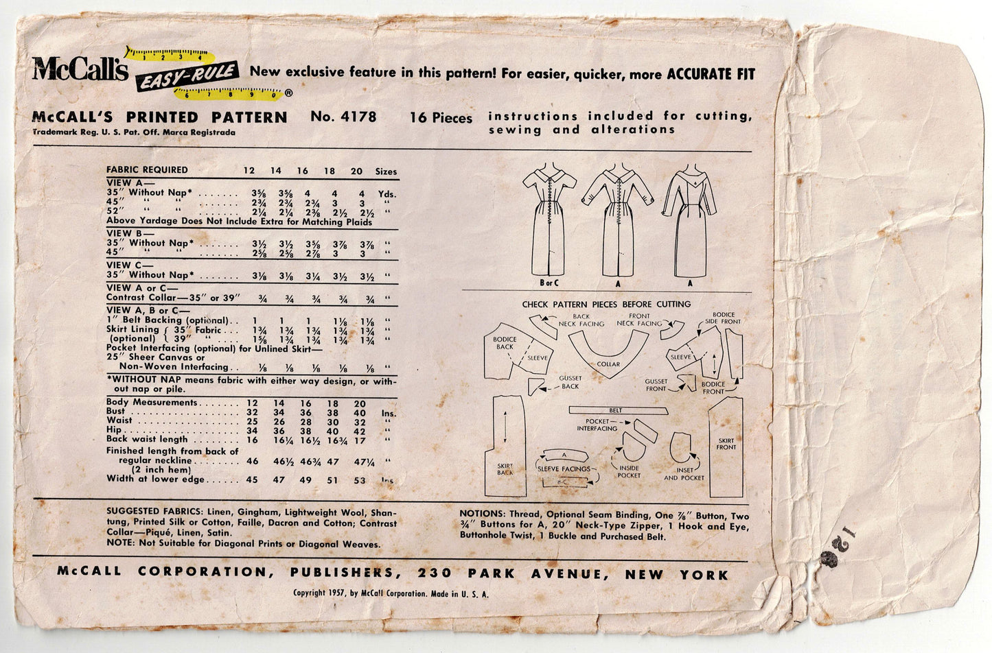 McCall's 4178 Womens Sheath Dress with Contrast Collar 1950s Vintage Sewing Pattern Size 18 Bust 38 inches