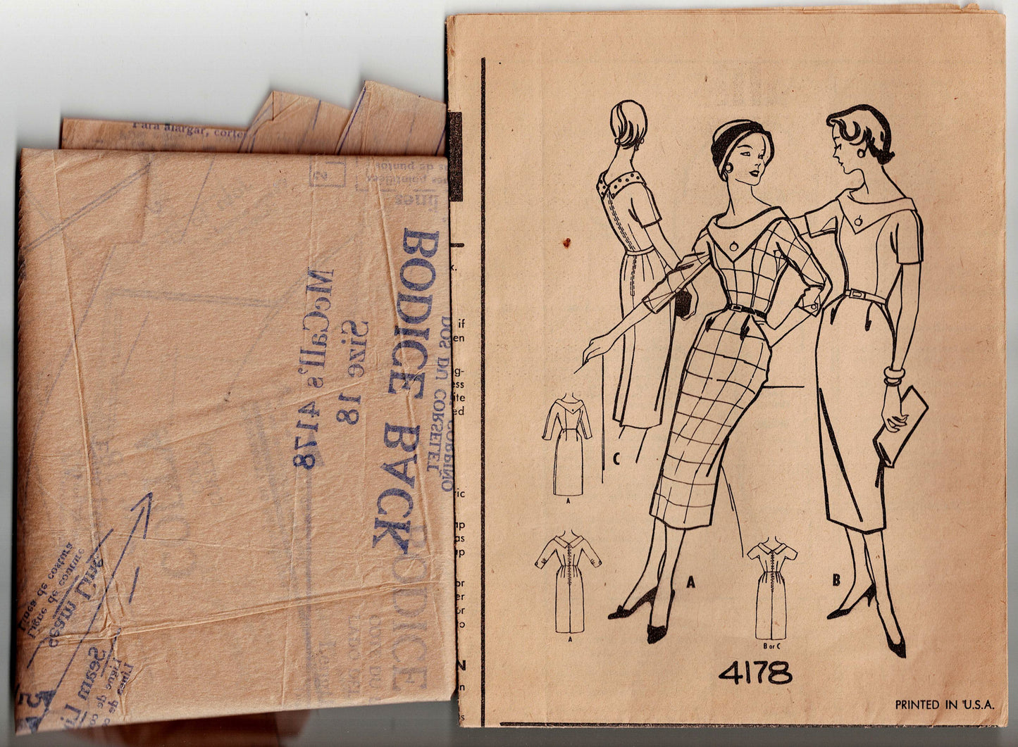 McCall's 4178 Womens Sheath Dress with Contrast Collar 1950s Vintage Sewing Pattern Size 18 Bust 38 inches