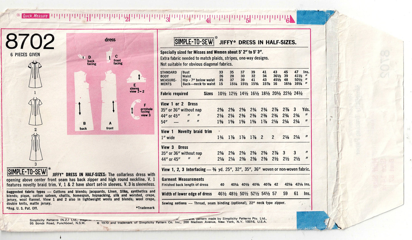 Simplicity 8702 Womens JIFFY Half Sized Shift Dress 1970s Vintage Sewing Pattern Size 14 1/2 Bust 37 inches